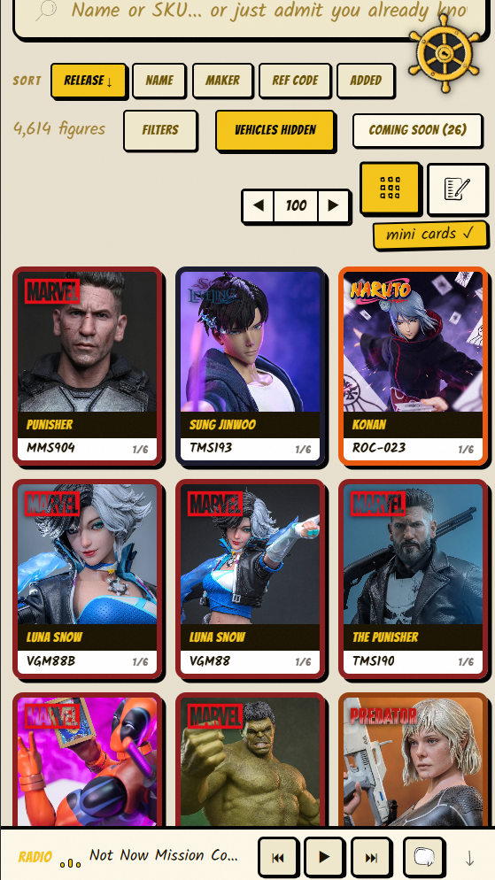 Your collection laid out as cards in the Vault